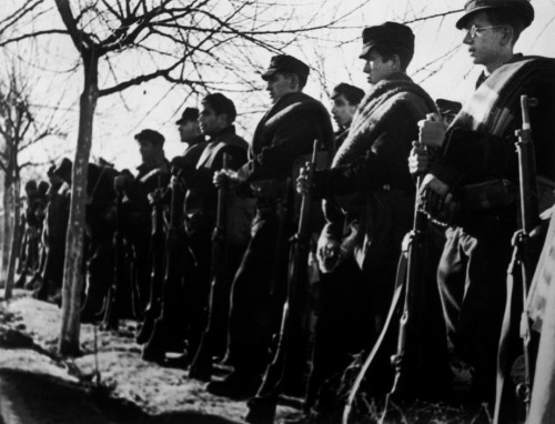 SPAIN. Spanish Civil War (1936-9).
Madrid. November/December, 1936. Members of the International Brigades.The Spanish Civil War broke out in 1936, when part of the Spanish army rebelled against the Second Republic, a democratic government elected in 1931. It gained international dimensions when Fascist Germany and Italy began supporting the military uprising, led by General Franco, with weapons and soldiers. The USSR helped the Republic, and a significant contingent of volunteers joined the International Brigades and fought for the Republic. The conflict became the symbol of a larger conflict between Fascists and Communists. The war ended in 1939 with Franco's victory over the Republicans.